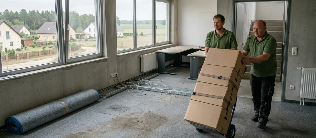 Mitarbeiter schiebt eine Sackkarre mit gegurteten Kartons durch ein geräumtes Büro mit Fensterfront