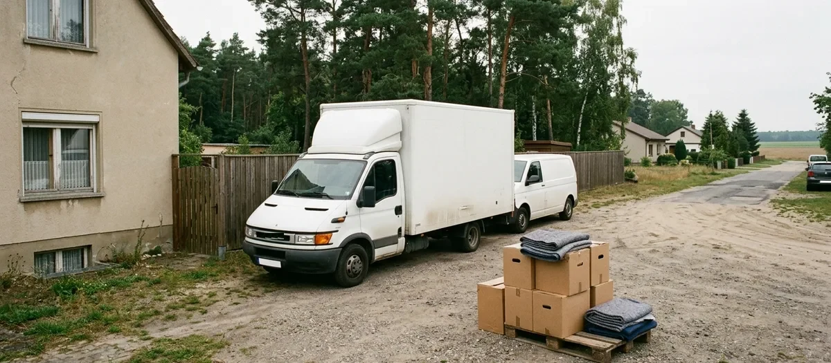 Kofferfahrzeug und Transporter auf einem Sandhof in Michendorf, daneben Kartons und Decken auf einer Palette