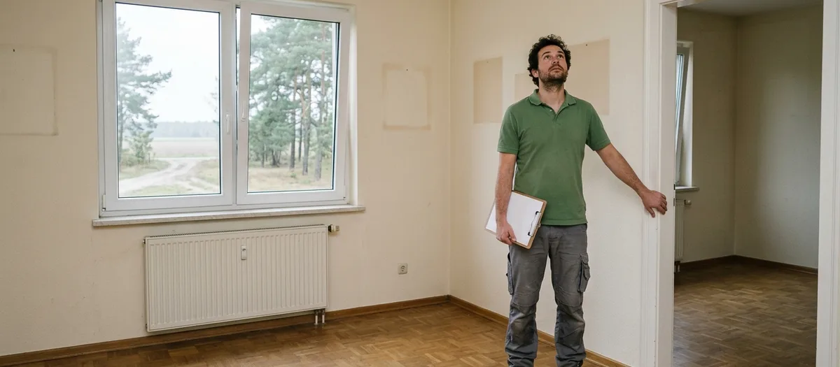 Mann mit Klemmbrett begutachtet die Decke in einem leeren Zimmer mit Parkett und Heizkörper