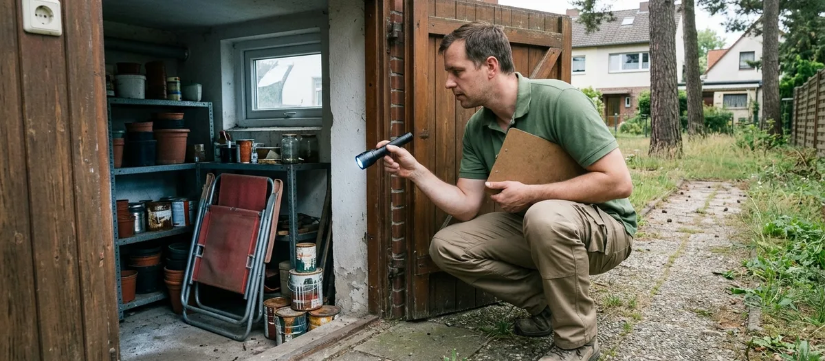 Mit Taschenlampe und Klemmbrett prüft ein Mann den vollgestellten Schuppen neben dem Holztor