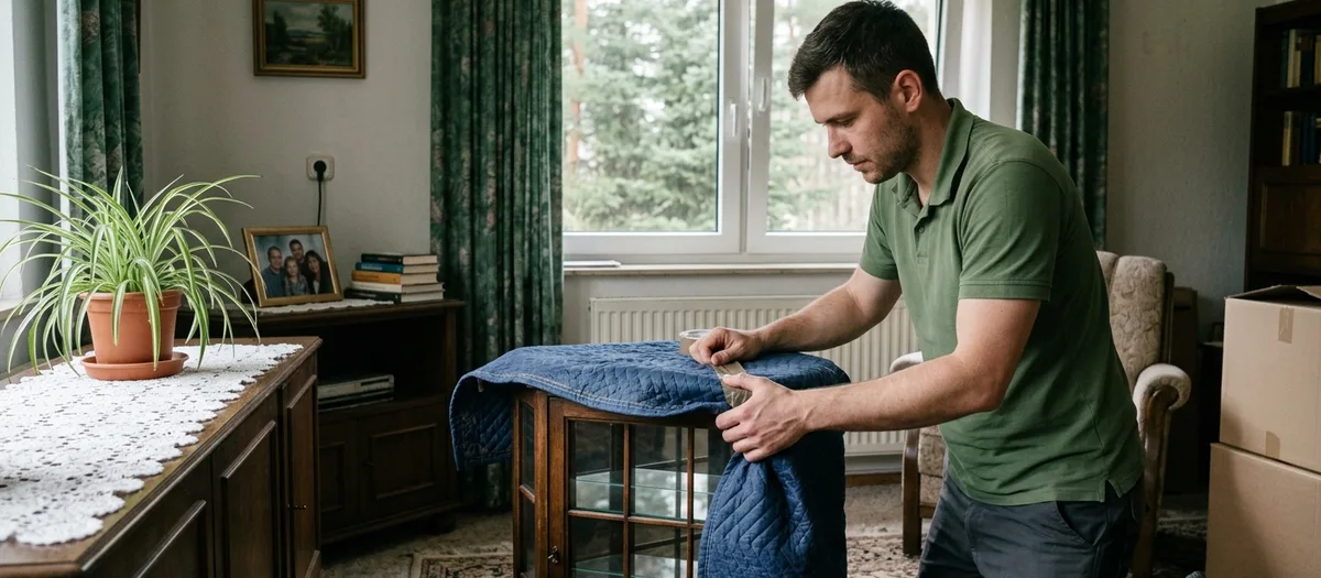Mitarbeiter polstert eine Vitrine mit Decke ab, im Hintergrund Grünpflanze und gerahmtes Familienfoto