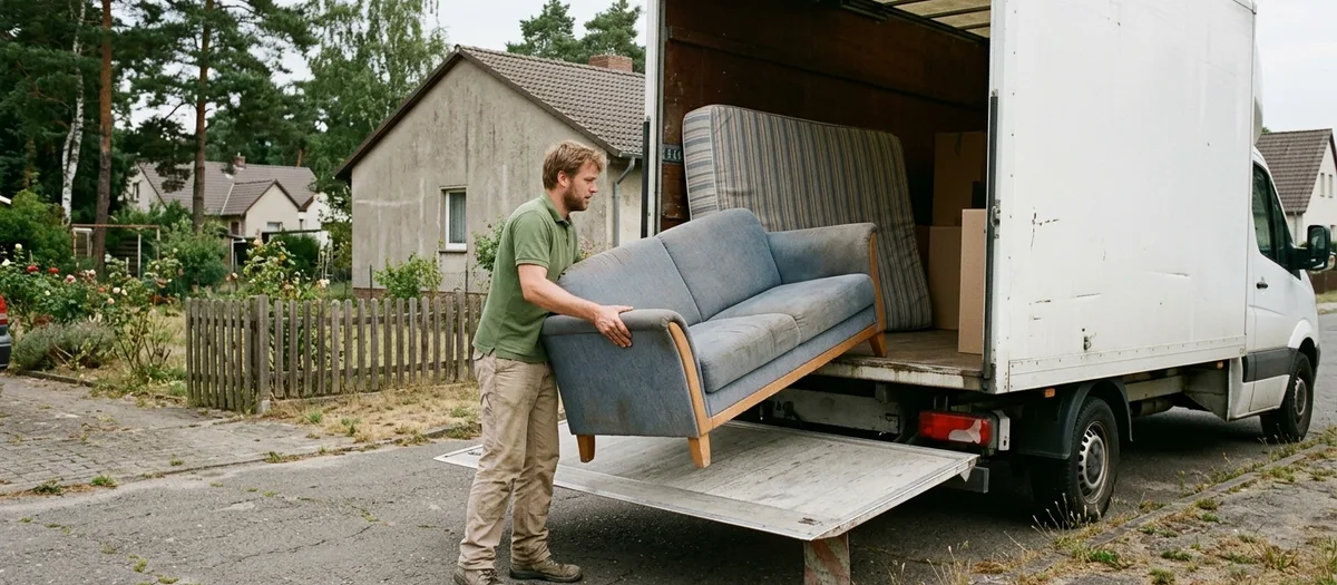 Mann in grünem Poloshirt trägt ein blaues Sofa zur geöffneten Ladebordwand eines weißen Transporters