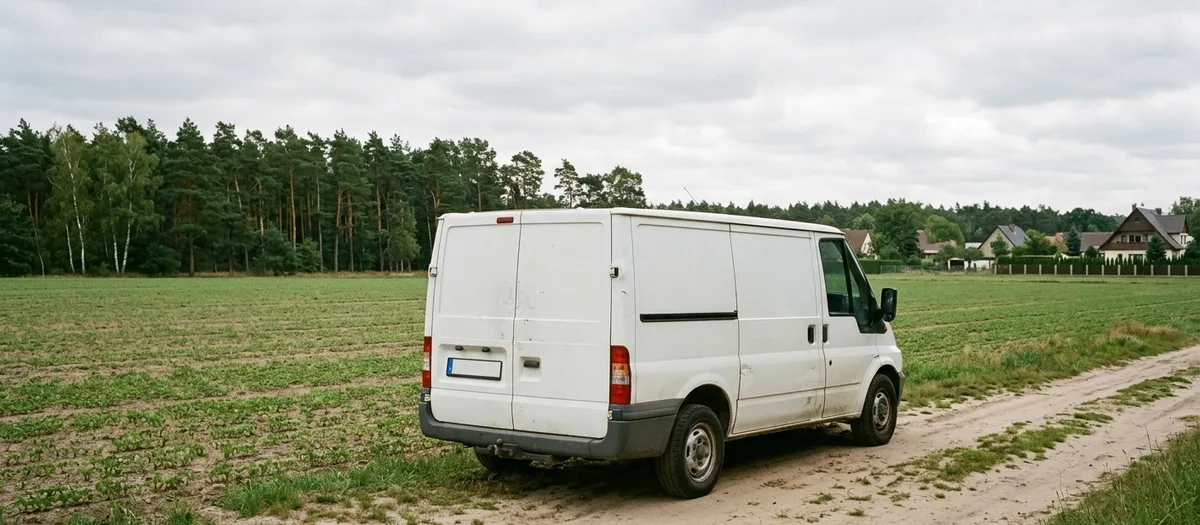 Weißer Kastenwagen steht am Feldrand auf einem Sandweg, dahinter Kiefernwald und ein bewölkter Himmel