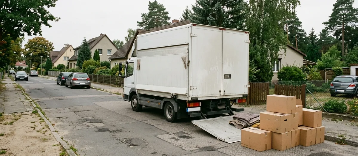Lkw mit abgesenkter Ladeklappe in einer Wohnstraße, daneben stapeln sich Umzugskartons auf dem Gehweg