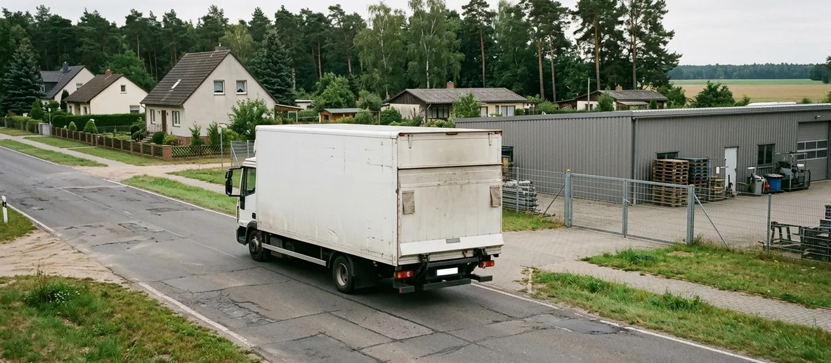 Lastwagen rollt an einer grauen Gewerbehalle mit gestapelten Paletten vorbei, links Einfamilienhäuser