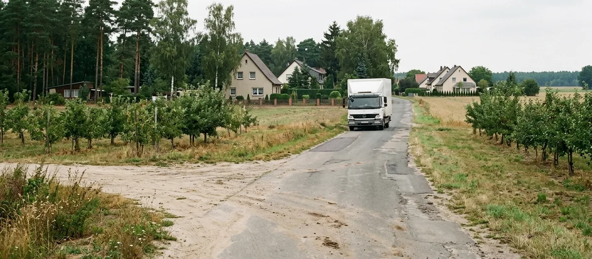 Lkw kommt auf schmaler Straße entgegen, links und rechts junge Obstbaumreihen und ein Dorfrand
